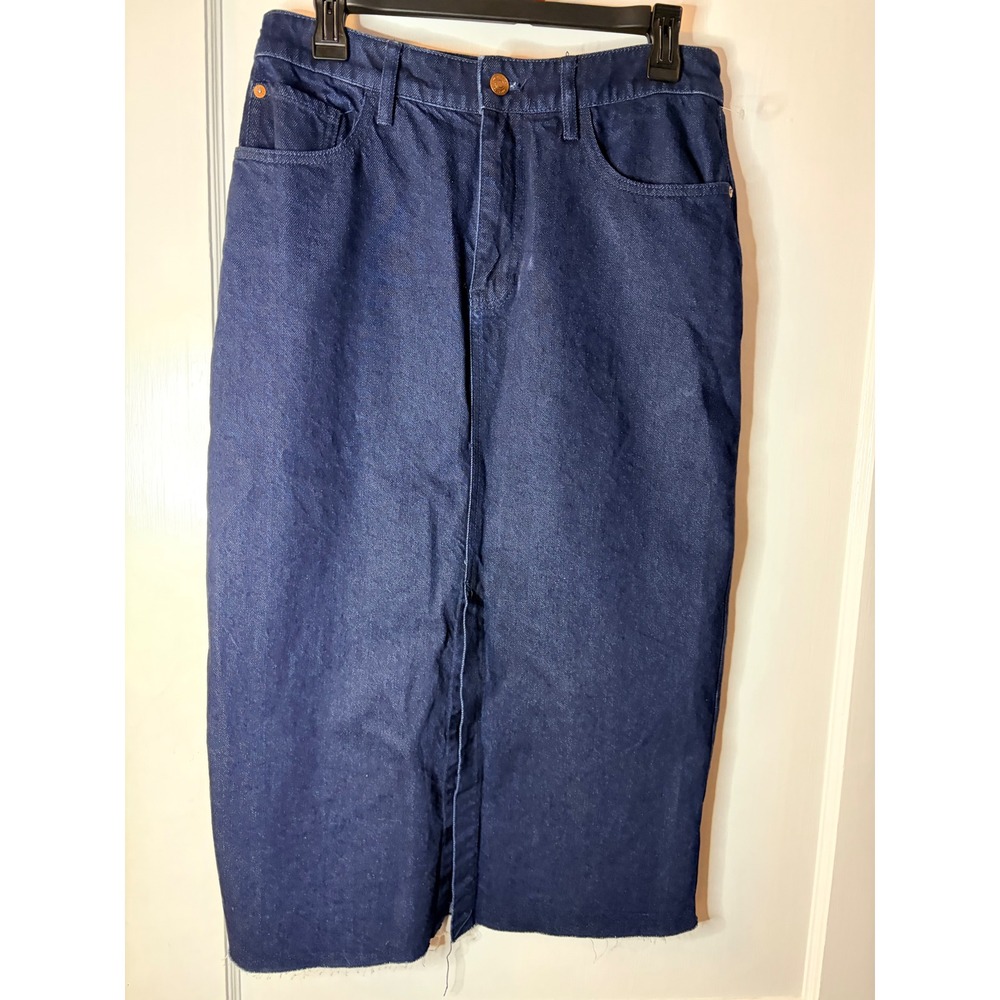 We The Free Free People Denim Midi Skirt Dark Wash Raw Hem Indigo Blue Size 30